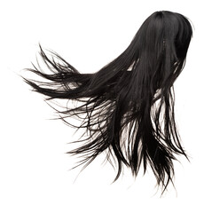 Long straight Wig hair style fly from strong wind. Black woman wig wave hair float in mid air. Straight black curl wig hair wind blow storm. White background isolated high speed freeze motion