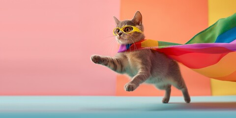 superhero pride cat, Cute kitty with a rainbow strips cloak and mask jumping and flying on colorful background with copy space. The concept of a  super cat, leader, freedom, funny animal studio shot.