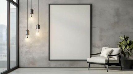  Mock up poster with ceiling lamps, 3d illustraton, industrial style interior background.
