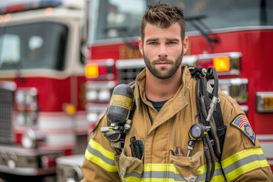 Confident male firefighter in uniform standing in front of red and white fire truck with hands on hips