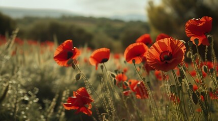 Landscape of a wonderful Red poppies flower field Nature concept : Generative AI