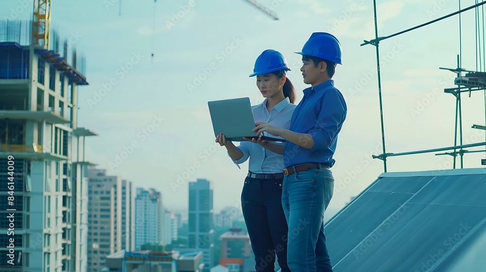 Poster professional asian man and woman teamwork engineer and foreman using laptop working outdoor at const