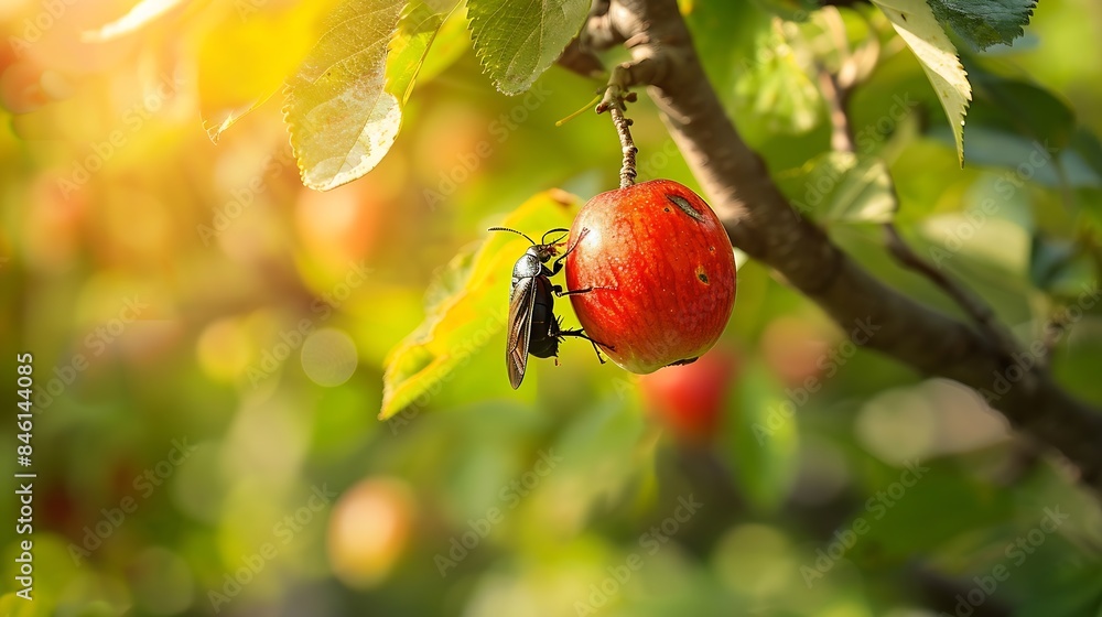 Poster one insect on a forest fruit blurred background of trees and leaves : generative ai