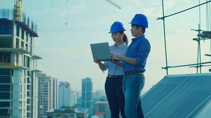 Fototapeta premium Professional Asian man and woman teamwork engineer and foreman using laptop working outdoor at construction site building rooftop Architecture inspector inspect building exterior struc : Generative AI