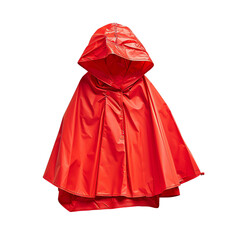 Bright red rain poncho with a hood, perfect for staying dry in wet weather. Waterproof and durable material. Ideal for outdoor activities.