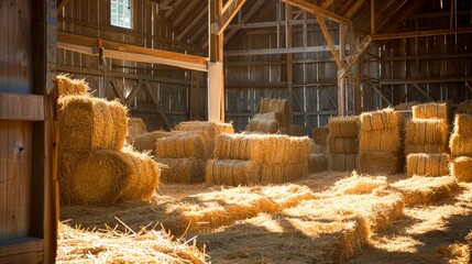 Barn Interior Wooden Light Beams Hay Bales Rustic, stacked straw inside in sunlight beam, concept to rural lifestyle.