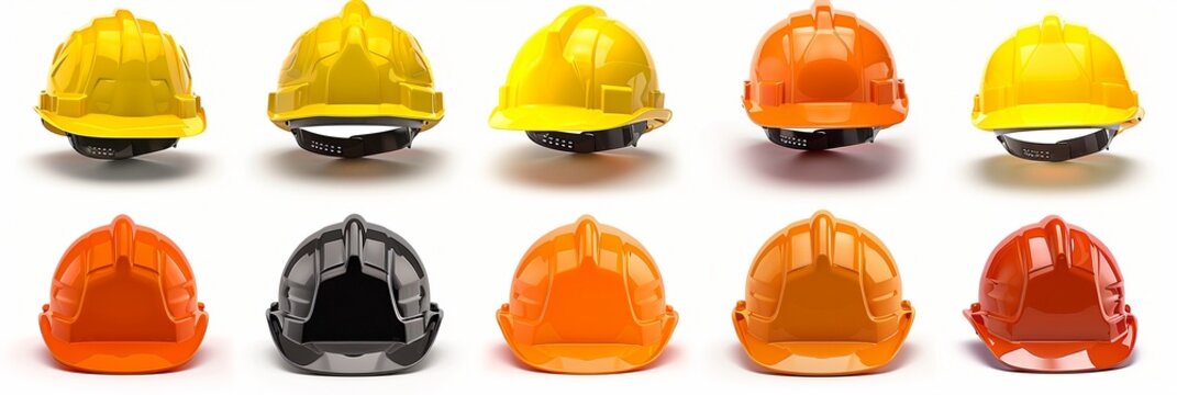 Set of fireman hard safety helmets in different color styles isolated on white, for construction sites, architecture, safety, yellow, orange, red, white, black.