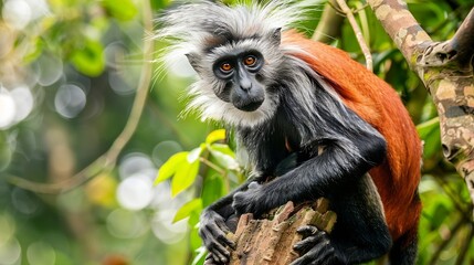 Obraz premium Monkey from Uganda Ugandan red colobus Piliocolobus tephrosceles rufous head grey monkey sitting on tree trunk in tropic forest Red colobus in vegetation habitat Kibale Forest NP Ugand : Generative AI