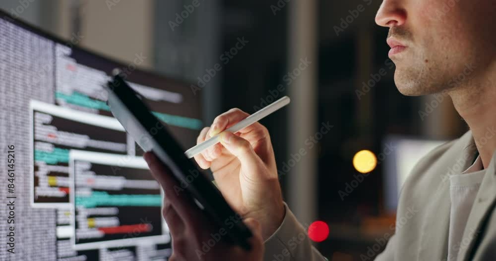 Poster Tablet, code and night in office with business man, software and update with web glitch fix. Online, working and IT specialist with iot, startup and information technology job for digital database