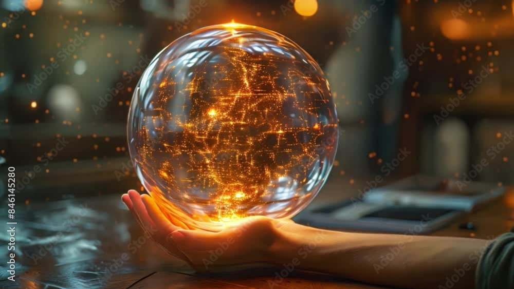 Poster a hand holds a glowing holographic orb, depicting a complex network of interconnected data points, s