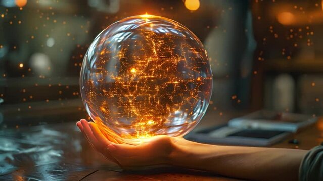 A hand holds a glowing holographic orb, depicting a complex network of interconnected data points, symbolizing the power of language learning technology. - Powered by Adobe
