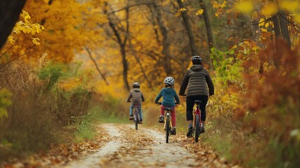 Capture a family biking through a nature trail.