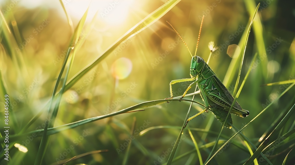 Poster green grasshopper in the grass insect in nature : generative ai