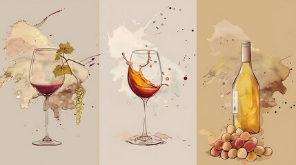 Set of wine posters Wine tasting artistic vector illustrations One line wineglass bottle grapes abstract art : Generative AI