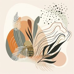 Abstract boho zen minimalist illustration with flowing lines, earthy tones, and vibrant accents. Harmonious design for tranquility and mindfulness