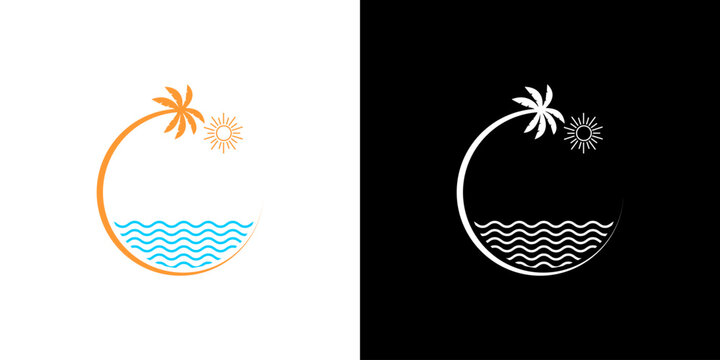 Beach palm tree circle with sun wave line logo vector