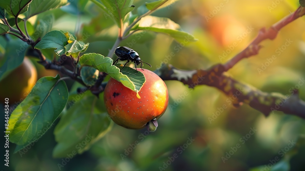 Poster one insect on a forest fruit blurred background of trees and leaves : generative ai