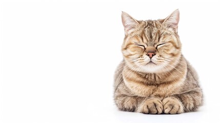 Obraz premium A Scottish cat isolated on a white background sits with a contented face and eyes closed : Generative AI