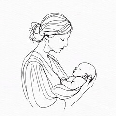 Mother Holding Baby Line Art Vector Illustration