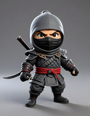 3D animated Cute Cartoon the soldier Ninja Assassin 3D Rendered on Gray Background.