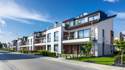 Obraz premium Modern Passive SemiDetached Houses Innovations in Real Estate Construction Adhering to Environmental Standards : Generative AI