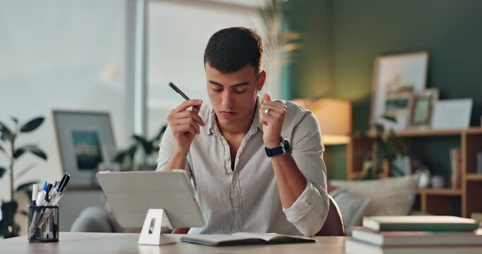 Man, tired and home with tablet as student for elearning or online education for university. Textbook, burnout and exhausted with studying or revision and research for college exams, test and project