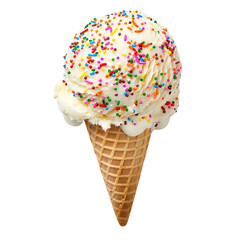 Close-up of a delicious ice cream cone with colorful sprinkles on a white background. Perfect for summer, dessert, and food-related themes.