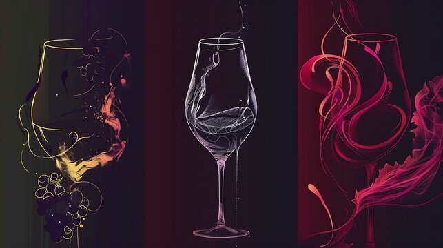 Set of wine posters Wine tasting artistic vector illustrations One line wineglass bottle grapes abstract art : Generative AI
