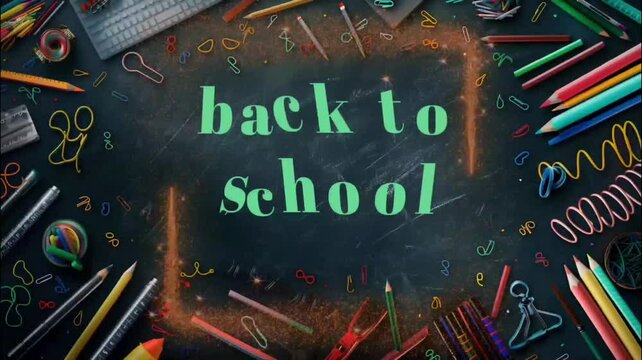 Blackboard background with school supplies. Seamless looping time-lapse 4k video animation background