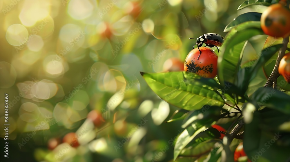 Poster one insect on a forest fruit blurred background of trees and leaves : generative ai
