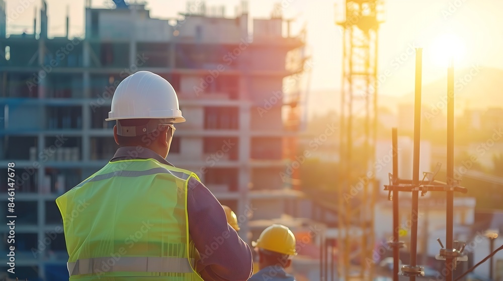 Aufkleber Engineers sit and work on building design and system workconstruction work safetyconstruction business and real estate : Generative AI