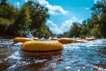 Family tubing on a river with gentle rapids, bright tubes, splashing water, and sunny skies © Samon