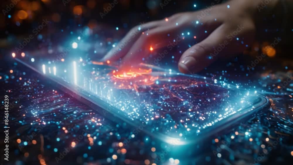 Poster a hand interacts with a holographic advertisement displayed on a phone screen, creating a captivatin