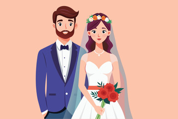 Happy Wedding Couple with Flowers  Isolated Editable file
