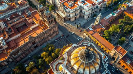 Aerial view of a simulated downtown Mexico City street. Dome on the bottom resembles the one in Palacio de Bellas Artes at Eje Central and Juarez Avenue.