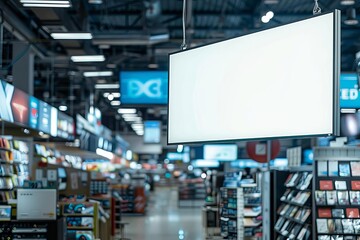 Obraz premium Large hanging discount sign in an electronic store with empty space for text, front view, visible from all corners, scifi tone, Splitcomplementary color scheme