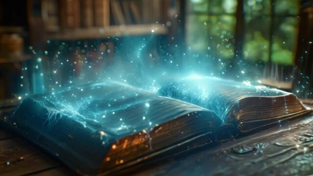 A close-up of a holographic book emitting blue light, lying open on a wooden table.