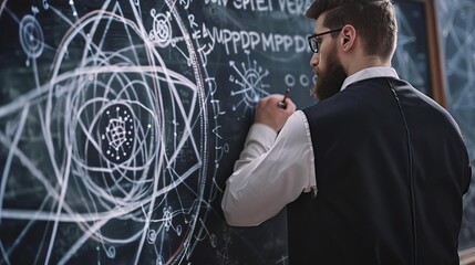 Physicist writing about quantum superposition and spiritual duality on a chalkboard, deep concentration