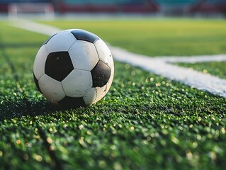Fototapeta premium A football ball on the green field in soccer stadium close up
