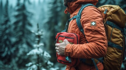high-quality photo of a male hand taking a first aid kit out of a backpack pocket, featuring camping equipment and a compact mini first aid kit