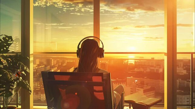 Woman with headphone looking airplane takeoff at sunset. Seamless looping time-lapse 4k video animation background