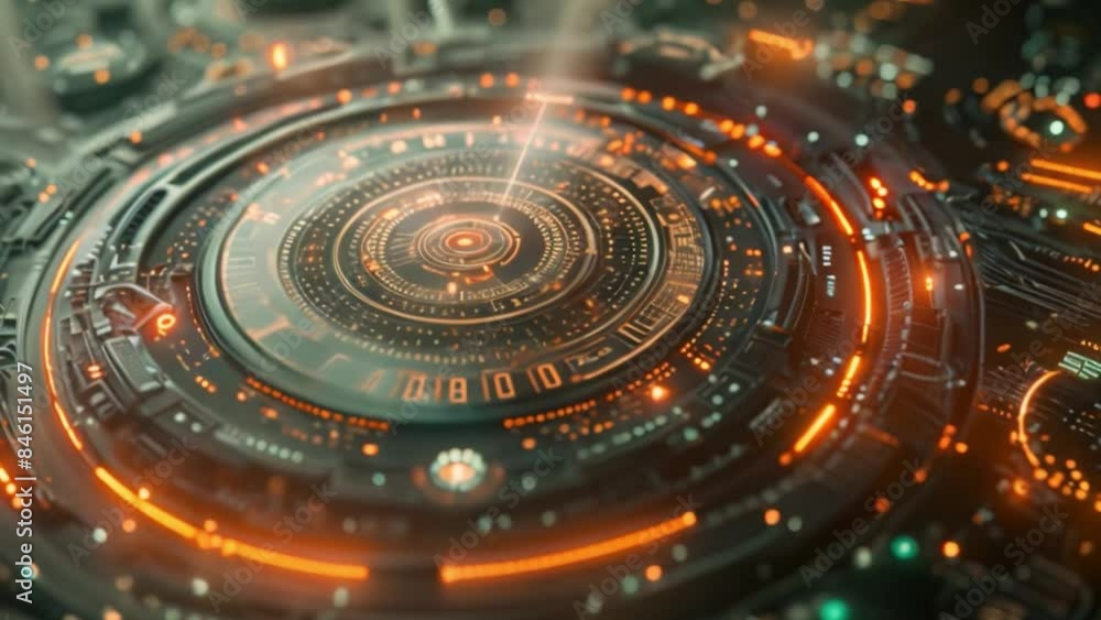 Poster a close-up image of a futuristic holographic interface, featuring a circular display with glowing or