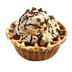 Delicious ice cream sundae in a waffle bowl topped with chocolate sauce and chocolate chips. Perfect dessert or sweet treat. Isolated on white.