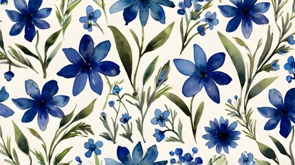 Seamless watercolor pattern of simple silhouettes of blue flowers Generative AI 