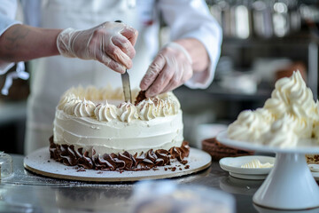 A baker decorating a cake. baker decorating cake pastry icing kitchen professional food dessert sweet.