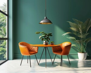 Contemporary Home Interior: Scandinavian Mid-Century Living Room with Orange Leather Chairs, Round Dining Table, and Green Wall