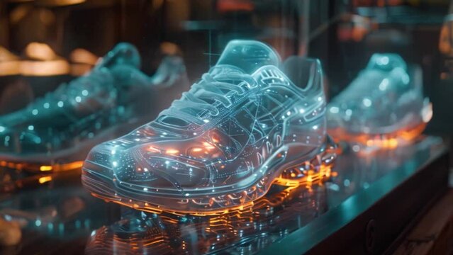 A close-up view of a holographic display showcasing a pair of sneakers in a retail store. The shoes are rendered in a vibrant blue and orange color scheme, creating a futuristic and eye-catching