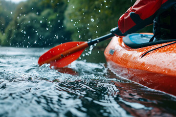 A person kayaking on a river. kayaking river person water adventure outdoors nature sport paddle activity.