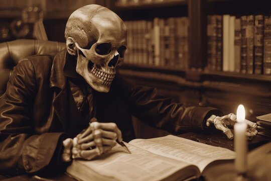 Skeleton writer, working on a manuscript, candlelit room, vintage style, sepia tones