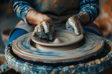 Fototapeta premium A person at a pottery class. pottery class person hands clay wheel art craft creative ceramic.